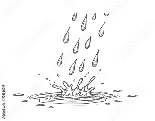 Hand drawn of rain drops splashing into water puddle