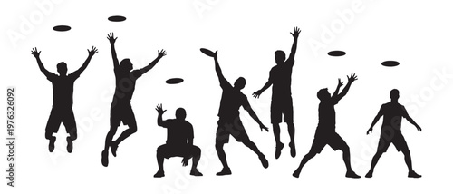 Dynamic Black Silhouettes of People Playing Frisbee Vector Illustration