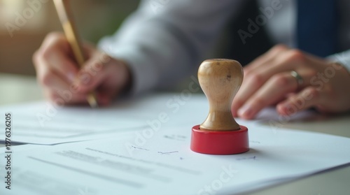 Hand with pen signs legal paper near red rubber stamp. Official document signing process, business agreement or contract. Businessperson completes paperwork with notary approval.
