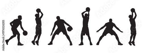Basketball Player Silhouettes Set Dribbling Shooting Action Poses