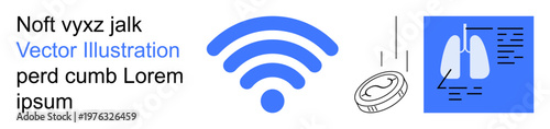 Communication technology, healthcare diagnostics, wireless data, financial payments, online transactions, futuristic tech. Icons include wireless signal, coin and lungs imagery. Communication