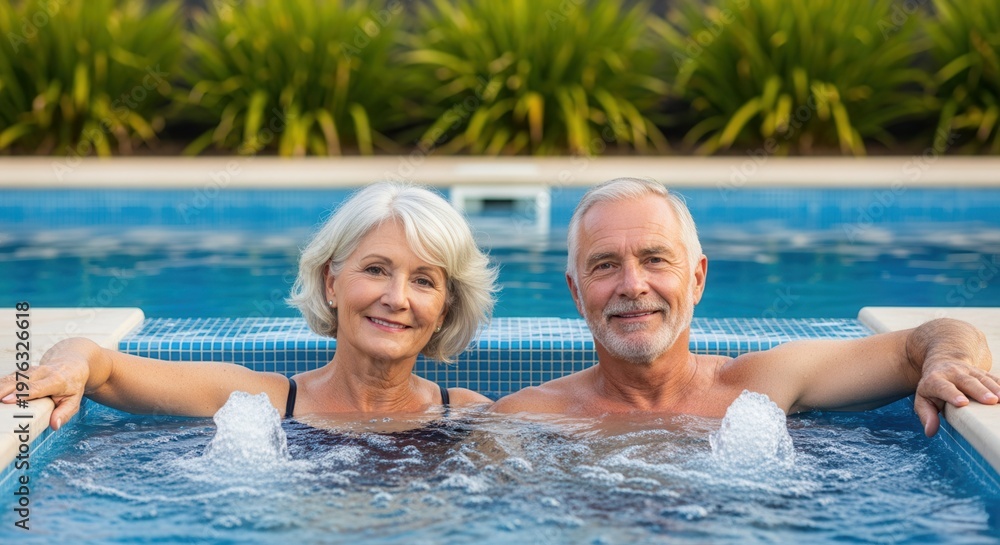 Fototapeta premium happy senior couple relaxing in a luxurious outdoor swimming pool on a sunny day