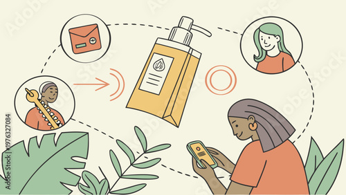 Illustration of a bottle of liquid with a pump dispenser linked to a person using a smartphone and icons representing communication and product delivery dispenser delivery communication shopping