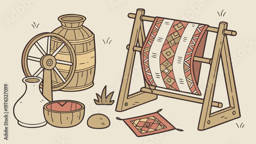 Still life illustration of traditional crafting tools including a spinning wheel pottery a loom displaying woven fabric crafting spinning traditional handmade heritage cultural geometric