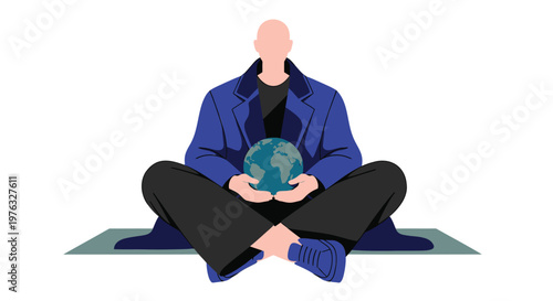 Eco friendly, globe holding, meditating person, vector illustration, earth care, sustainability