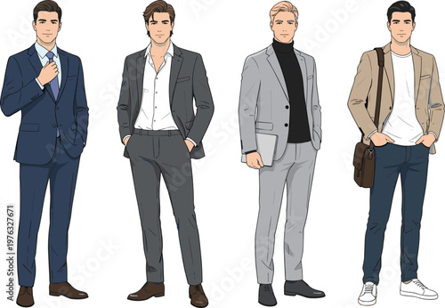 Modern Men Fashion Style Set of Four Male Professional Characters in Formal Suits Smart Casual Blazers and Trendy Business Outfits
