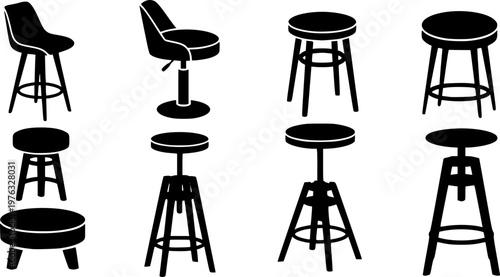 Chair icons set. Black silhouette of stool icon in flat style on white background. Vector illustration.