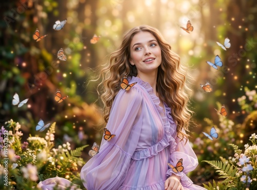 Young woman in a purple ruffled dress surrounded by monarch butterflies in a sunlit forest. Magical fantasy concept with glowing lights and flying insects. Spring nature portrait
