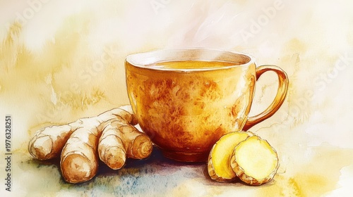Watercolor illustration of hot ginger tea in a rustic mug, accompanied by fresh ginger root and slices, promoting health and wellness.