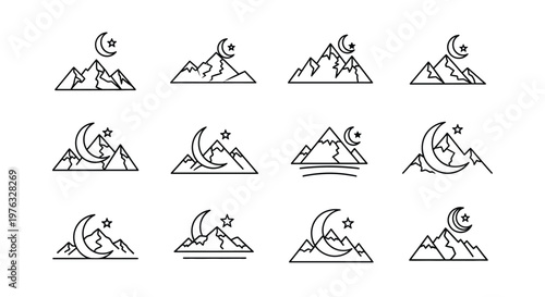 Minimalist mountain and moon line art icons arranged in a grid pattern