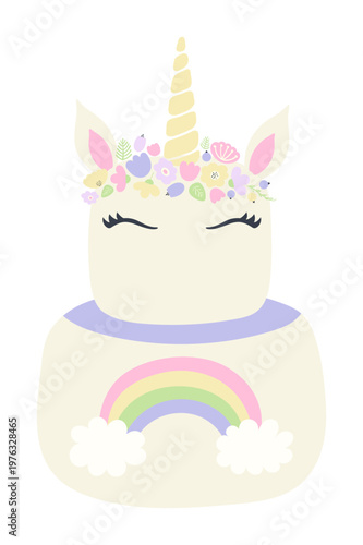 Unicorn cake with cute face, rainbow, pastel color birthday cake illustration isolated. Birthday celebration, sweet food, dessert, kids party clip art, design element. Hand drawn flat vector