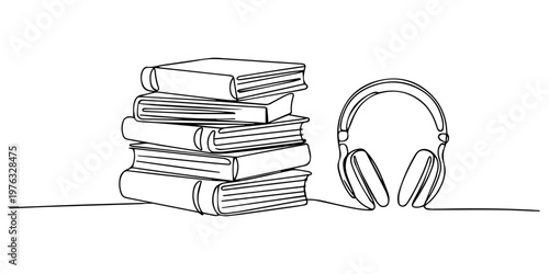 Book with headphones continuous line drawing. Audio reading linear concept. Audio book symbol. Vector illustration isolated on white, Continuous one line drawing of an open book connected to headphone
