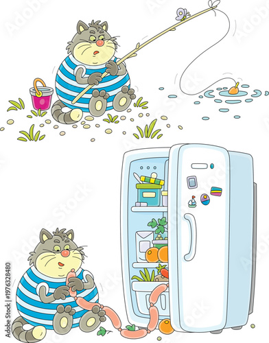Funny fat cat in a striped T-shirt fishing in a small pond in countryside on summer vacations, and enjoying tasty sausages from its fridge, a set of vector cartoon illustrations on a white background