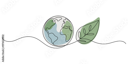 Continuous one line drawing of hands holding green earth with leaves for world environment day celebration, Earth day one line art design. Plant leaves, globe and hand drawn lettering. minimalist pro.