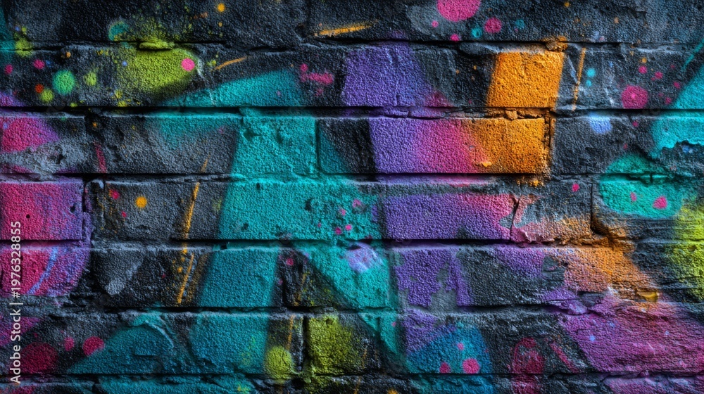 Obraz premium Vibrant street art with colorful splashes on a textured brick wall.