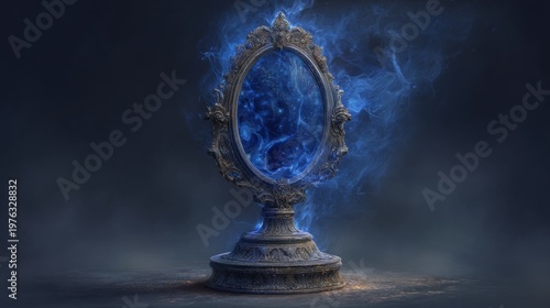 A mystical mirror with swirling blue smoke, creating an enchanting atmosphere.