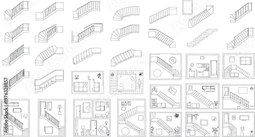 Architectural staircase plans isolated on transparent background detailed technical drawings for construction