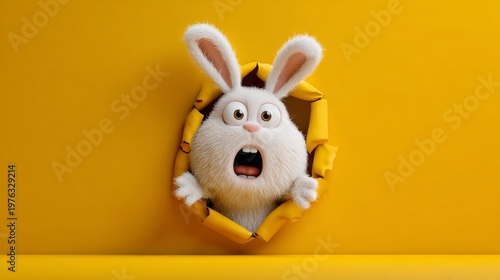 Surprised cartoon rabbit emerging from a wall, vibrant yellow background.