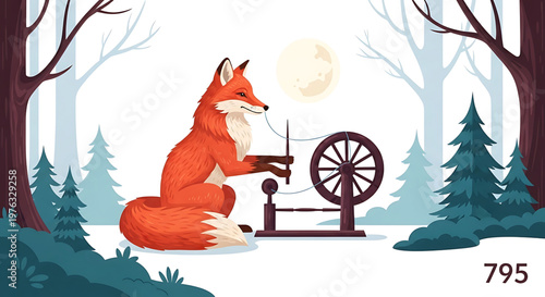 A cartoon fox sits in a forest spinning yarn on a wooden spindle.