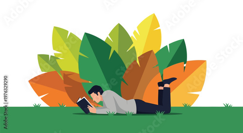 Illustration of a man lying on the grass reading a book with a large backdrop of colorful autumn leaves