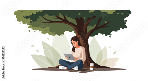 Illustration of young woman sitting under a tree, using a tablet computer, with a coffee cup nearby, isolated on