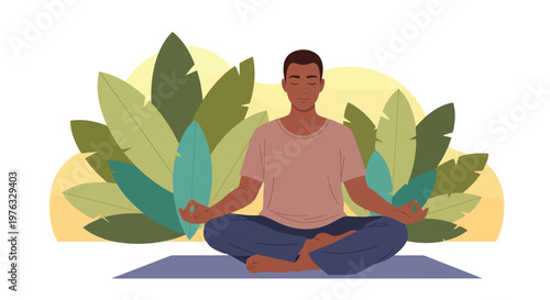 Illustration of a man meditating in a lotus position on a yoga mat, surrounded by lush green leaves