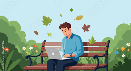 Illustration of a man sitting on a park bench using a laptop, with leaves falling around him in the autumn