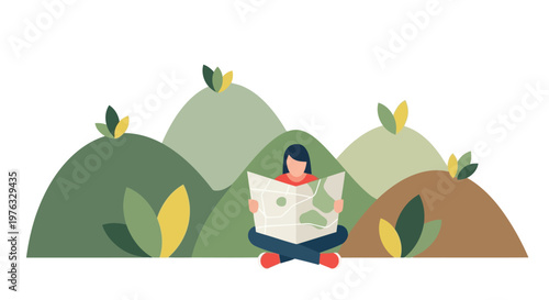 Illustration of a person sits crosslegged in front of rolling green hills, engrossed in studying a map, suggesting travel or exploration
