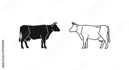 Two cows depicted in contrasting styles one presented as a silhouette