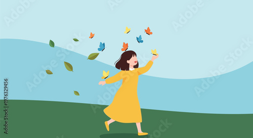 Illustration of a young girl in a yellow dress joyfully runs through a grassy field, reaching out to catch colorful butterflies fluttering around her