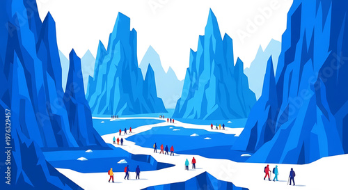 A vibrant vector illustration of people hiking in a stunning icy mountain landscape with a bright white sky