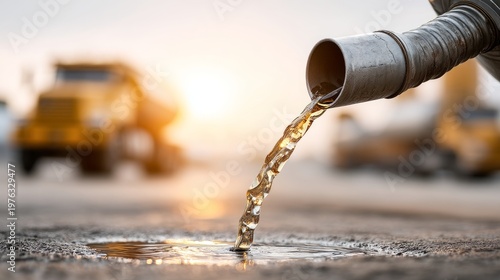 Oil Fuel Nozzle Pouring Liquid Into Container at Sunset in Industrial Setting