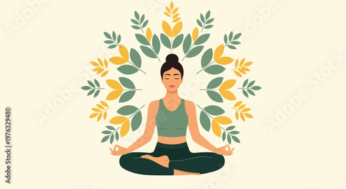 Illustration of woman meditating in lotus position with a floral mandala pattern behind her head, promoting peace and wellness