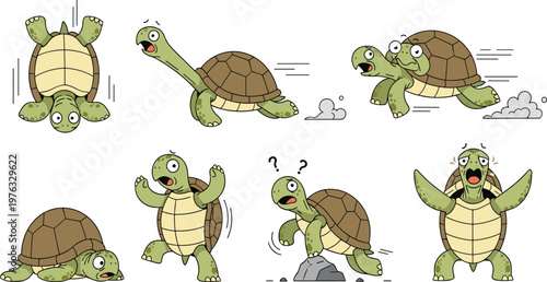 Cartoon Turtle Character Set Featuring Funny Poses and Expressions with Cute Animal Actions for Kids Illustration and Animation Design.