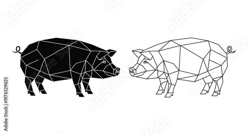 Geometric pig designs in black and white featuring a polygonal silhouette