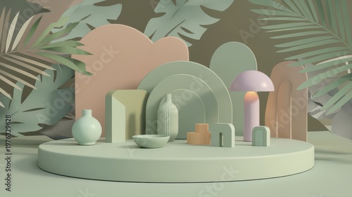 Minimalist 3D Rendered Scene with Pastel Geometric Shapes and Decorative Objects ai generated
