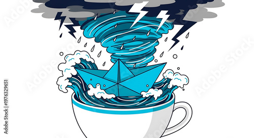 A vector graphic illustration of a paper boat in a teacup experiencing a stormy weather with a tornado and lightning