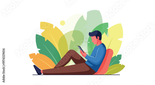Illustration of man sitting on a pillow, using his smartphone, surrounded by large tropical leaves in a flat design style