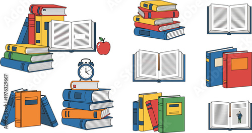 Colorful Book Collection Vector Illustration Set Featuring Open Books Stacks Notebooks Apple Clock and Study Elements for School Education and Library Design