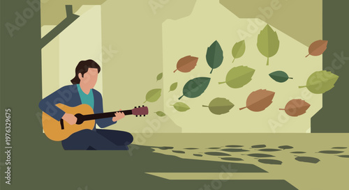 Illustration of a person sitting crosslegged playing an acoustic guitar with leaves blowing in the background, evoking a sense of autumn and music