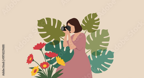 Illustration of a woman in a dress holding a camera and taking a picture, surrounded by large tropical leaves and vibrant flowers, capturing a moment
