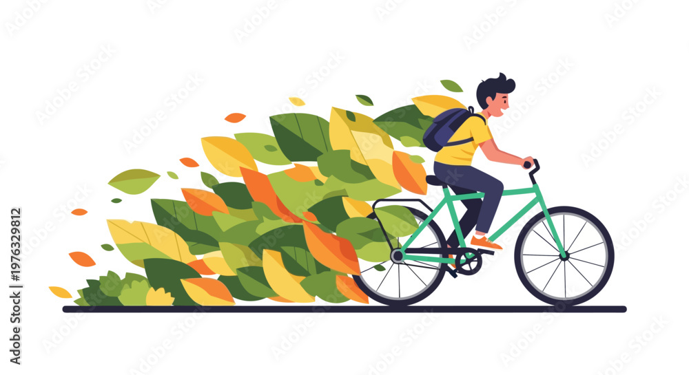 Fototapeta premium Illustration of a person rides a bicycle with a trail of colorful autumn leaves flowing behind them, symbolizing movement and season