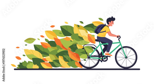 Illustration of a person rides a bicycle with a trail of colorful autumn leaves flowing behind them, symbolizing movement and season