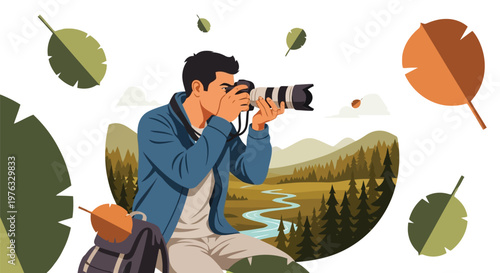 Illustration of a photographer with a backpack takes a picture of a landscape with mountains and a river, surrounded by autumn leaves