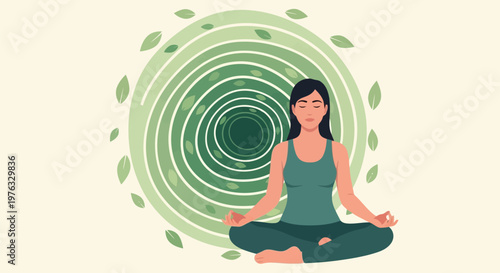 Illustration of a woman meditates in a lotus position with her eyes closed, surrounded by a green spiral and leaves, symbolizing peace and mindfulness