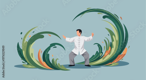 Illustration of man practicing tai chi in stylized green waves, representing balance and harmony in nature