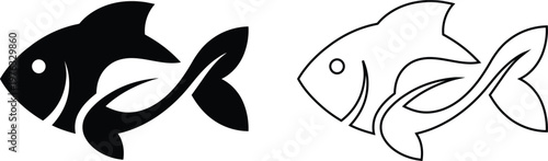 Minimalist flat vector icon set features a fish integrated with a nature leaf representing vegan plant-based seafood in clean solid black silhouette and linear outline styles.