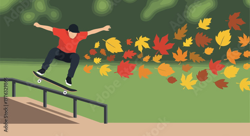 Illustration of skateboarder performing a trick on a rail in a park during autumn with falling leaves