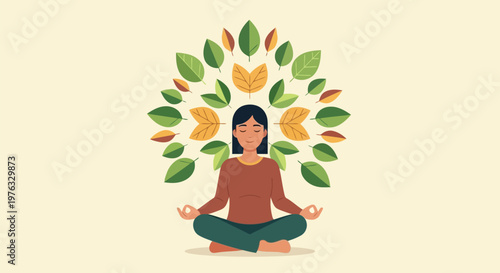 Illustration of woman meditating in lotus pose surrounded by a halo of green and yellow leaves