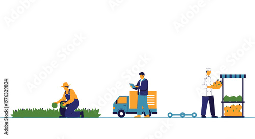 Farmers harvesting, loading produce, and selling fruits and vegetables, agricultural workers in action, farming and gardening illustrations, colorful flat design